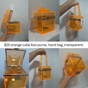 neon orange cube box purse, hand bag, transparent.